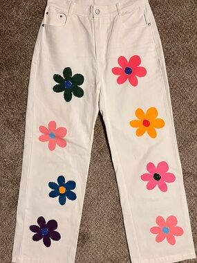 BiBi White Straight-Leg Pants with Multicolor Retro Painted Flowers